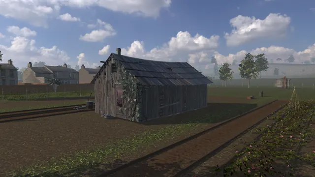 A weathered timber shed on an allotment, with houses behind.