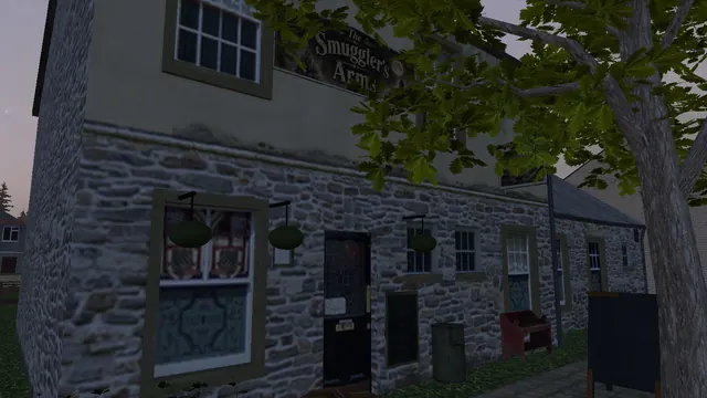 The Smuggler's Arms, a stone pub with hanging baskets, at dusk.