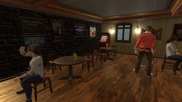 The evening crowd. Some sit, some stand at the bar and everyone holds a pint.