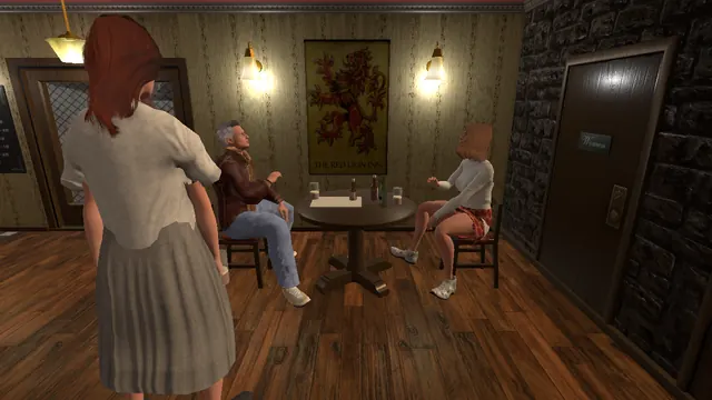 Three regulars round a pub table, one standing with a pint.